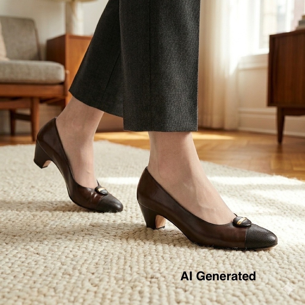VTG Salvatore Ferragamo Pumps 8B Brown Leather Cap Toe Low Block Heels Saks 5th